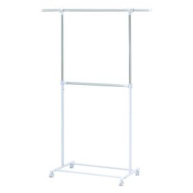 2-Shelf Garment Drying Clothes Rack - Adjustable Height, Locking Wheels, Metal, Silver/White - Closet Organization